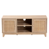 Baxton Studio Elsbeth Mid-Century Modern Light Brown Finished Wood and Natural Rattan 2-Door TV Stand