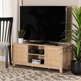 Baxton Studio Elsbeth Mid-Century Modern Light Brown Finished Wood and Natural Rattan 2-Door TV Stand