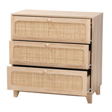 Baxton Studio Elsbeth Japandi Oak Brown Finished Wood and Natural Rattan 3-Drawer Storage Cabinet