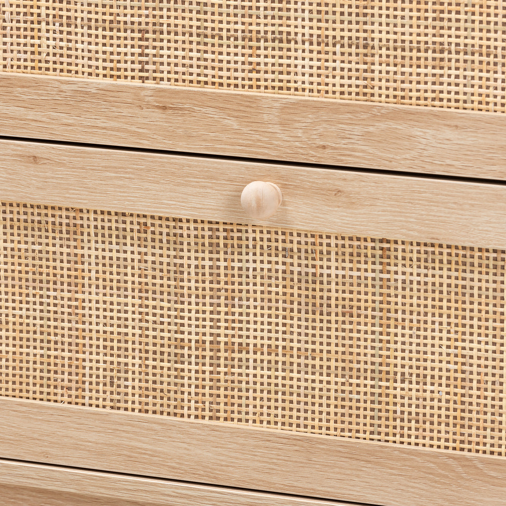 Baxton Studio Elsbeth Japandi Oak Brown Finished Wood and Natural Rattan 3-Drawer Storage Cabinet