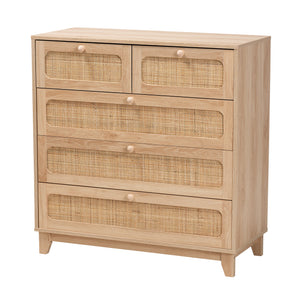 Baxton Studio Elsbeth Mid-Century Modern Oak Brown Finished Wood and Natural Rattan 5-Drawer Storage Cabinet