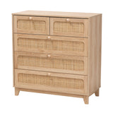 Elsbeth Mid-Century Modern Oak Brown Finished Wood and Natural Rattan 5-Drawer Storage Cabinet