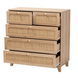 Baxton Studio Elsbeth Mid-Century Modern Oak Brown Finished Wood and Natural Rattan 5-Drawer Storage Cabinet