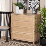 Baxton Studio Elsbeth Mid-Century Modern Oak Brown Finished Wood and Natural Rattan 5-Drawer Storage Cabinet