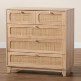 Baxton Studio Elsbeth Mid-Century Modern Oak Brown Finished Wood and Natural Rattan 5-Drawer Storage Cabinet