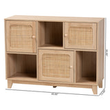 Baxton Studio Elsbeth Mid-Century Modern Light Brown Finished Wood and Natural Rattan 3-Door Sideboard