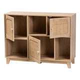 Baxton Studio Elsbeth Mid-Century Modern Light Brown Finished Wood and Natural Rattan 3-Door Sideboard