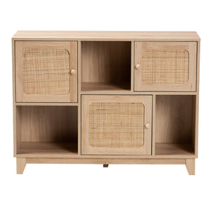 Baxton Studio Elsbeth Mid-Century Modern Light Brown Finished Wood and Natural Rattan 3-Door Sideboard