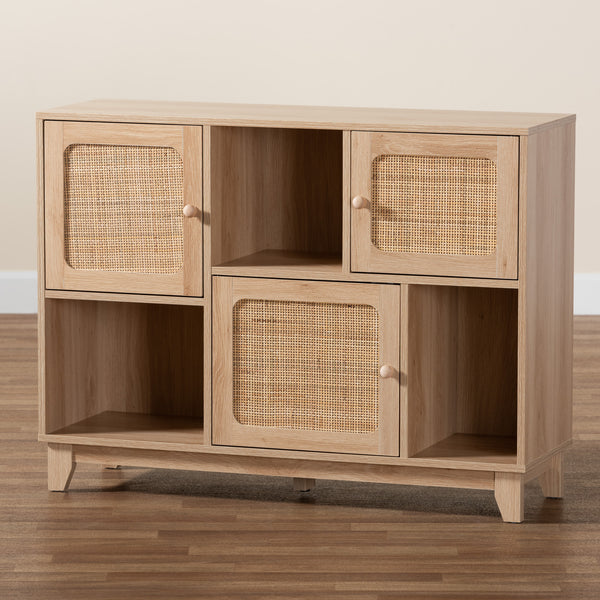 Baxton Studio Elsbeth Mid-Century Modern Light Brown Finished Wood and Natural Rattan 3-Door Sideboard