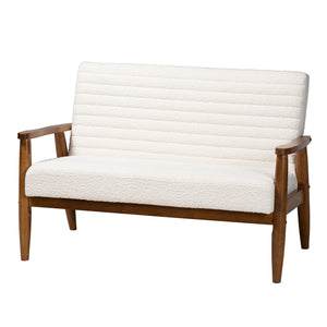 Baxton Studio Stratton Mid-Century Modern Cream Boucle Fabric and Walnut Brown Finished Wood Loveseat White/Walnut Brown BBT8013.16-Maya-Cream/Walnut-LS