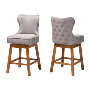 Baxton Studio Gradisca Modern Grey Fabric and Walnut Brown Finished Wood 2-Piece Swivel Counter Stool Set