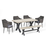 Waltonia Outdoor 6 Piece Mixed Black Wicker Dining Set with Light Gray Finished Lightweight Concrete Dining Table and Bench Noble House