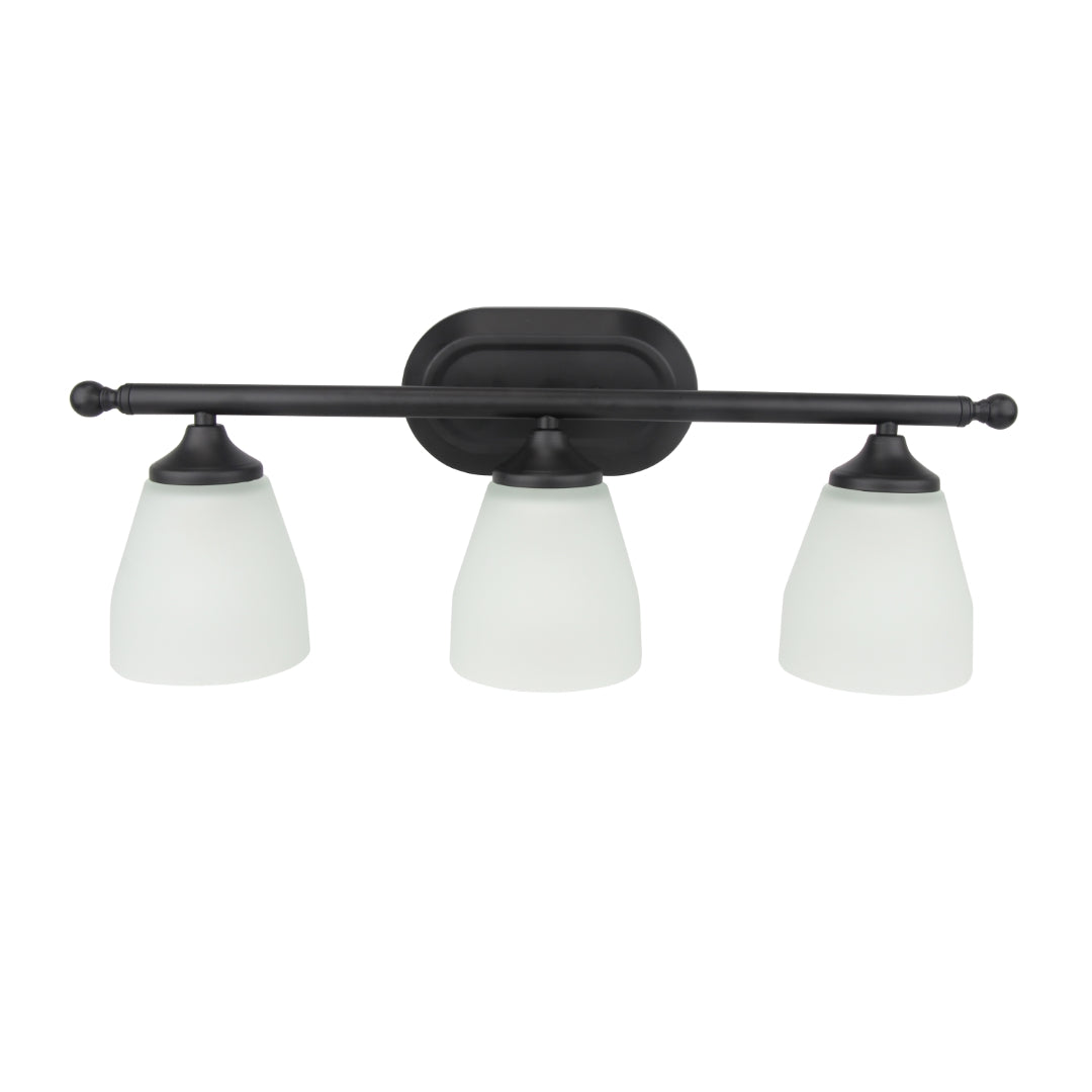 3 Light Vanity in Matte Black with Frosted White Shades