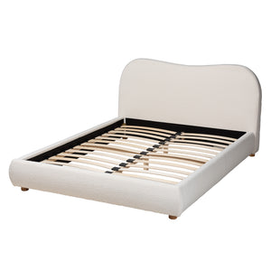 Baxton Studio Maya Mid-Century Modern Cream Boucle Fabric and Oak Brown Finished Wood Queen Size Platform Bed White/Oak Brown BBT61130-Maya-Cream/Oak-Queen