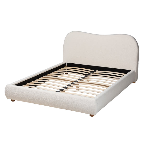 Baxton Studio Maya Mid-Century Modern Cream Boucle Fabric and Oak Brown Finished Wood Queen Size Platform Bed White/Oak Brown BBT61130-Maya-Cream/Oak-Queen
