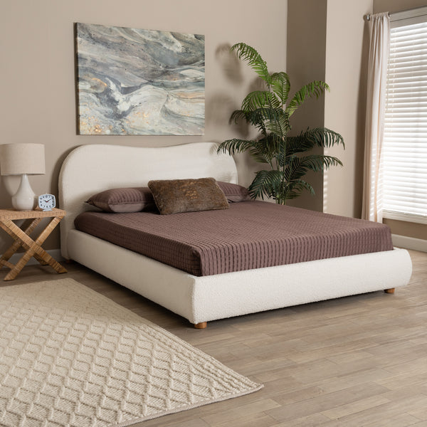 Baxton Studio Maya Mid-Century Modern Cream Boucle Fabric and Oak Brown Finished Wood Queen Size Platform Bed White/Oak Brown BBT61130-Maya-Cream/Oak-Queen