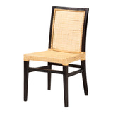 Lingga Modern Bohemian Dark Brown Mahogany Wood and Natural Rattan Dining Chair