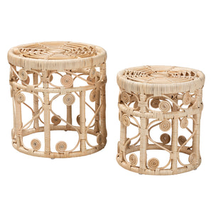 Baxton Studio Bowie Modern Bohemian Natural Brown Rattan 2-Piece Nesting End Table Set