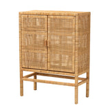 Vivan Modern Bohemian Natural Brown Rattan and Mahogany Wood 3-Shelf Storage Cabinet