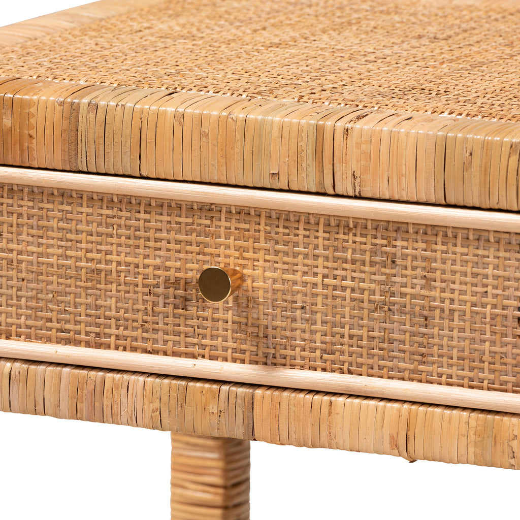 Adelia Modern Bohemian Natural Rattan and Mahogany Wood 1 Drawer