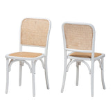 Neah Japandi White Wood and Natural Rattan 2-Piece Dining Chair Set