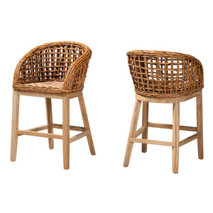 Baxton Studio Mario Modern Bohemian Natural Brown Finished Teak Wood and Rattan 2-Piece Counter Stool Set