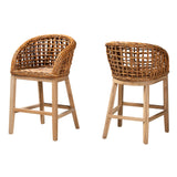 Baxton Studio Mario Modern Bohemian Natural Brown Finished Teak Wood and Rattan 2-Piece Counter Stool Set