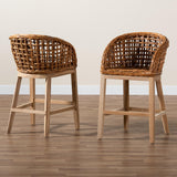 Baxton Studio Mario Modern Bohemian Natural Brown Finished Teak Wood and Rattan 2-Piece Counter Stool Set