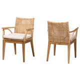 Storsel Modern Bohemian Natural Brown Finished Teak Wood and Rattan 2-Piece Dining Chair Set