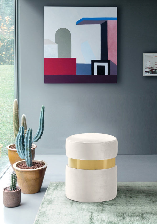 Hailey Velvet / Engineered Wood / Stainless Steel / Foam Contemporary Cream Velvet Ottoman/Stool - 14.5" W x 14.5" D x 17.5" H