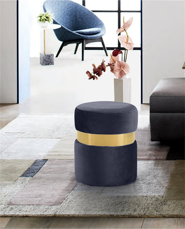 Hailey Velvet / Engineered Wood / Stainless Steel / Foam Contemporary Grey Velvet Ottoman/Stool - 14.5" W x 14.5" D x 17.5" H