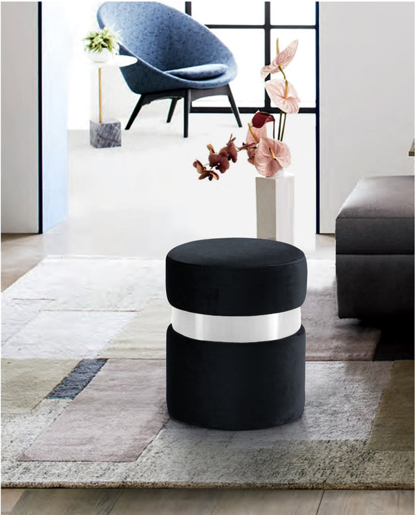 Hailey Velvet / Engineered Wood / Stainless Steel / Foam Contemporary Black Velvet Ottoman/Stool - 14.5" W x 14.5" D x 17.5" H