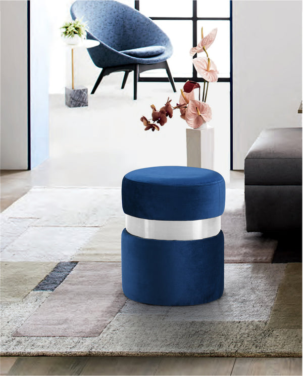 Hailey Velvet / Engineered Wood / Stainless Steel / Foam Contemporary Navy Velvet Ottoman/Stool - 14.5" W x 14.5" D x 17.5" H