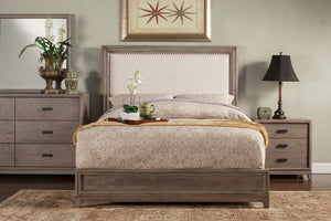 Alpine Furniture Camilla California King Panel Bed w/Upholstered Headboard & Nailheads, Antique Grey 1800-07CK Antique Grey Plantation Mahogany Solids & Okoume Veneer 75.5 x 90 x 60