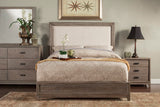 Camilla California King Panel Bed w/Upholstered Headboard & Nailheads, Antique Grey