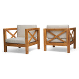Brava Outdoor Acacia Wood Club Chairs with Cushions (Set of 2)