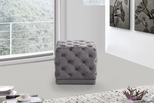 Stella Velvet / Engineered Wood / Foam Contemporary Grey Velvet Ottoman/Stool - 18" W x 18" D x 17" H