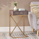 Bucyrus Rustic Glam Handcrafted Acacia Wood C-Shaped Side Table, Dark Brown and Gold Noble House