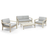 Santa Ana Outdoor 4 Seater Acacia  Wood Chat Set with Cushions, Wire Brushed Light Gray and Light Gray Noble House