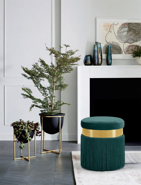 Yasmine Velvet / Engineered Wood / Stainless Steel / Foam Contemporary Green Velvet Ottoman/Stool - 15.5" W x 15.5" D x 17.5" H