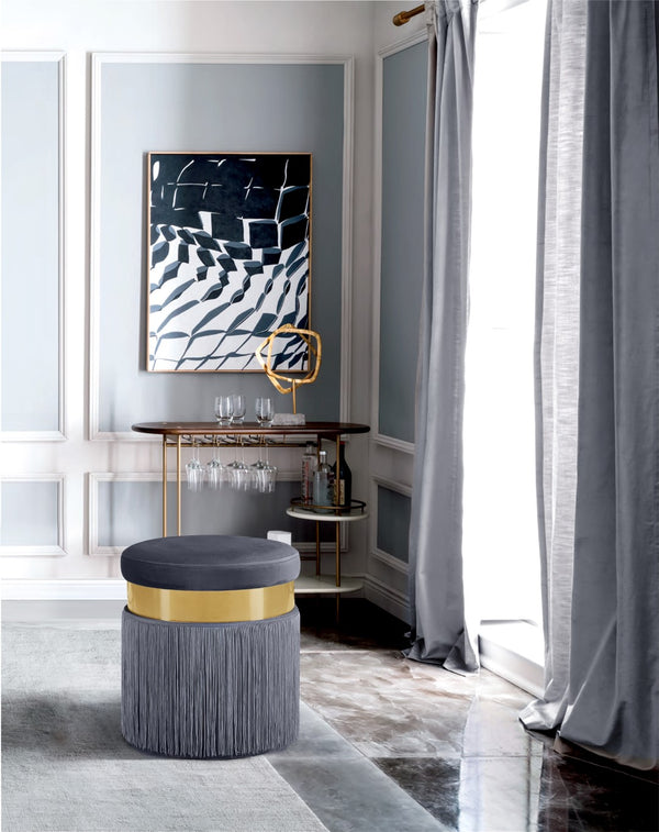 Yasmine Velvet / Engineered Wood / Stainless Steel / Foam Contemporary Grey Velvet Ottoman/Stool - 15.5" W x 15.5" D x 17.5" H