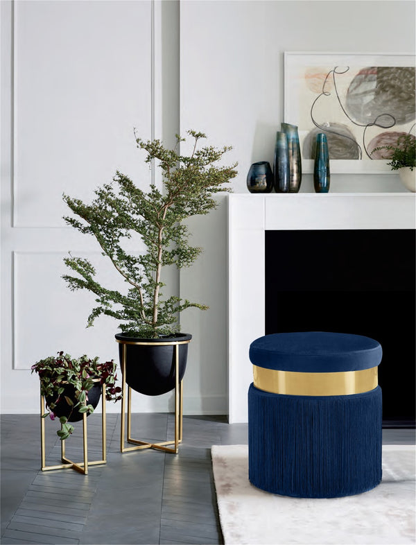 Yasmine Velvet / Engineered Wood / Stainless Steel / Foam Contemporary Navy Velvet Ottoman/Stool - 15.5" W x 15.5" D x 17.5" H