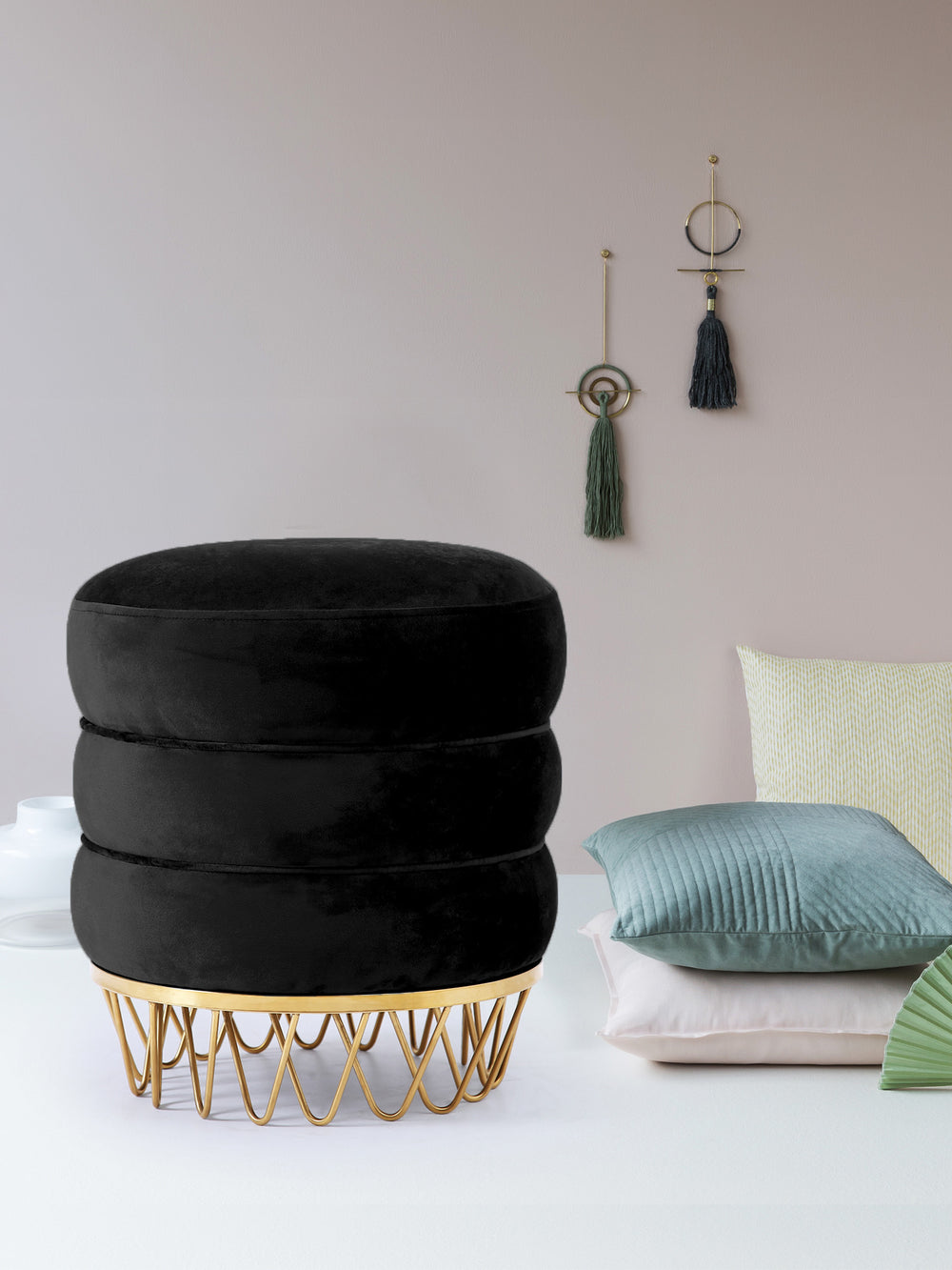 Revolve Velvet / Engineered Wood / Stainless Steel / Foam Contemporary Black Velvet Ottoman/Stool - 15.5" W x 15.5" D x 17" H