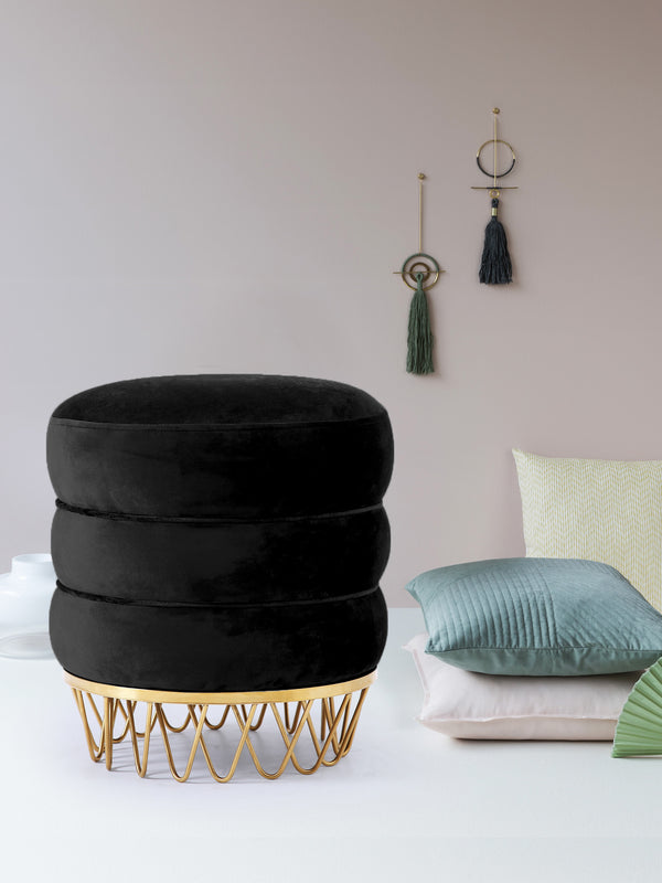 Revolve Velvet / Engineered Wood / Stainless Steel / Foam Contemporary Black Velvet Ottoman/Stool - 15.5" W x 15.5" D x 17" H