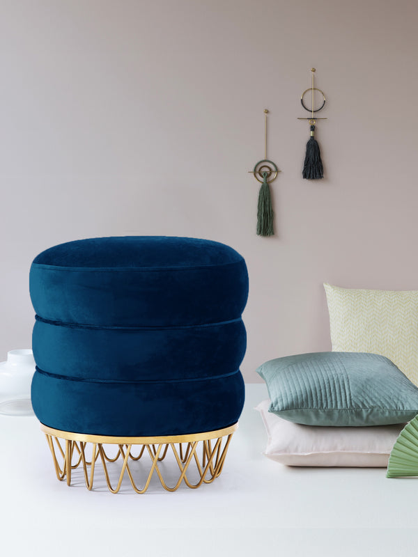 Revolve Velvet / Engineered Wood / Stainless Steel / Foam Contemporary Navy Velvet Ottoman/Stool - 15.5" W x 15.5" D x 17" H