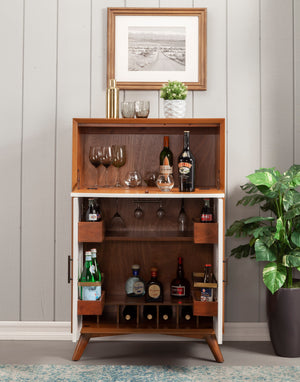 Alpine Furniture Flynn Large Bar Cabinet w/Drop Down Tray, Acorn/White 999-16 Acorn & White Mahogany Solids & Okoume Veneer 32 x 19 x 51