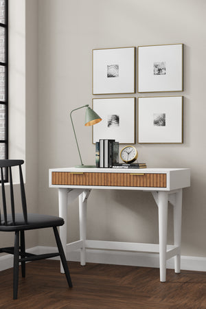 Larsen Mini Desk in White & Natural - Stylish Mahogany with Gold Hardware & Felt-Lined Drawers
