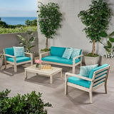 Santa Ana Outdoor 4 Seater Acacia  Wood Chat Set with Cushions, Wire Brushed Light Gray and Teal Noble House