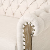 Castalia Chesterfield Tufted Fabric 3 Seater Sofa with Nailhead Trim, Beige and Dark Brown Noble House