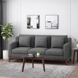 Elliston Contemporary Fabric 3 Seater Sofa with Accent Pillows, Charcoal and Dark Walnut Noble House